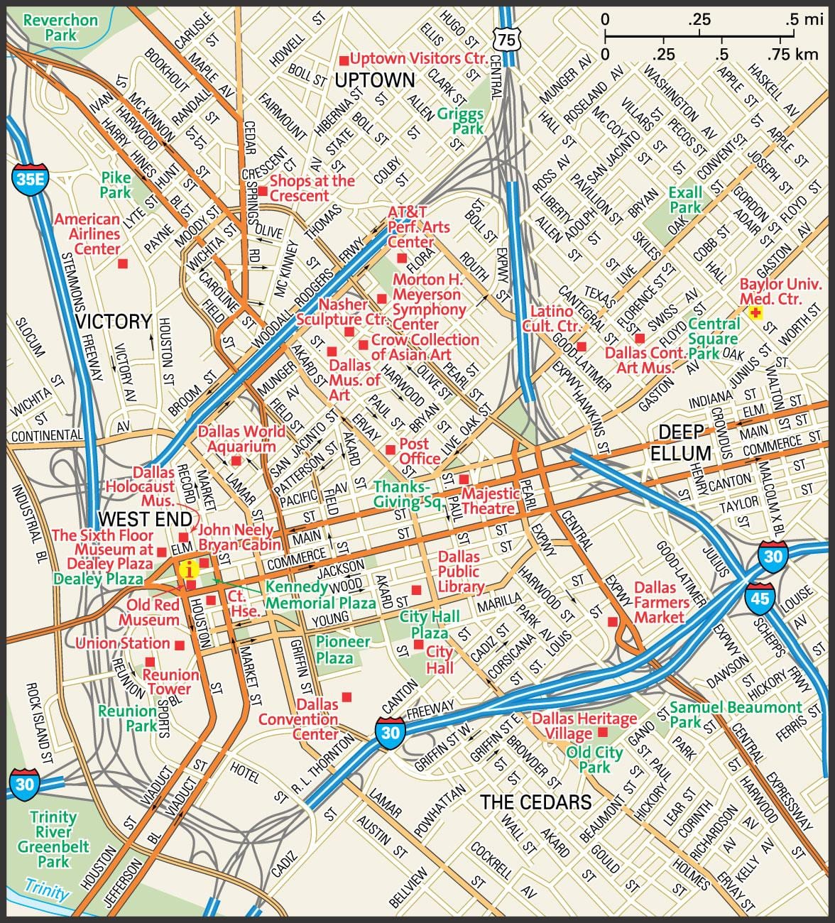 แผนที่ของเมือง Dallas นบนถนน