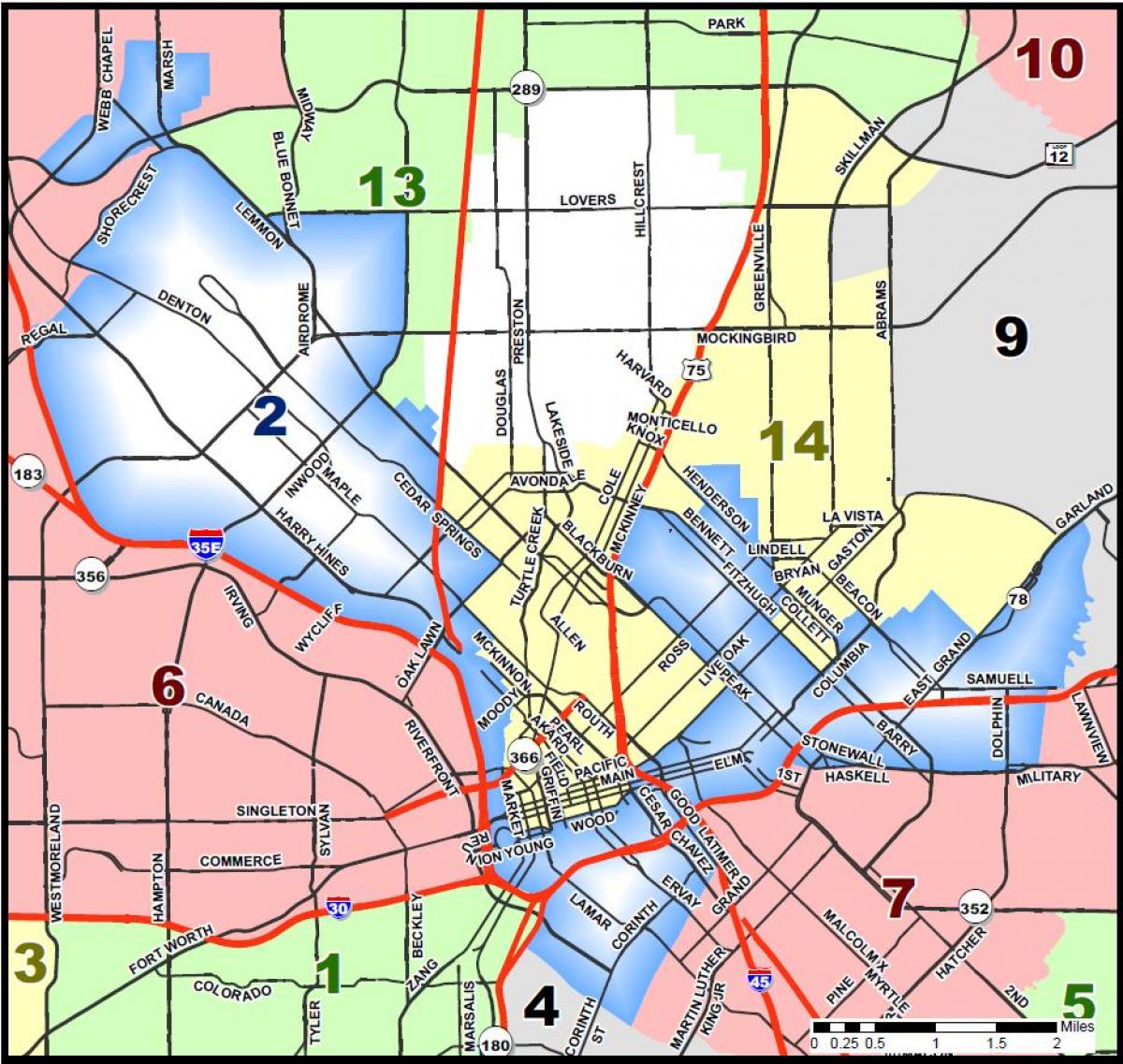 เมืองของ Dallas แบ่งเขตบนแผนที่