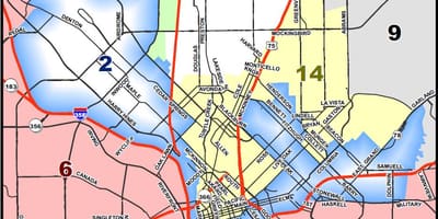เมืองของ Dallas แบ่งเขตบนแผนที่